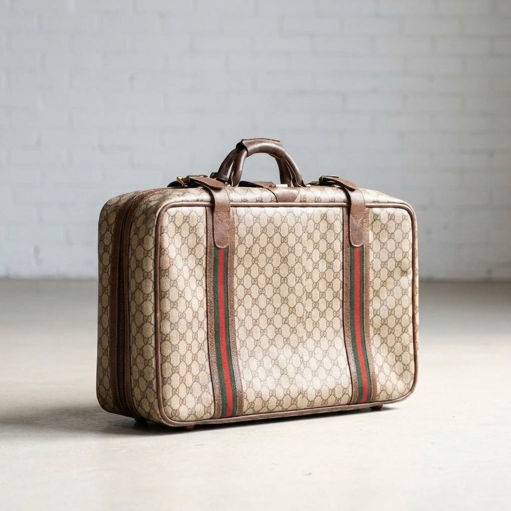 NEW GUCCI women's vintage gg monogram canvas travel suitcase with web stripe and